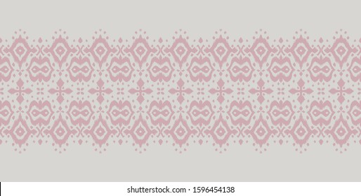 Lace border. Ikat seamless pattern. Vector tie dye shibori print with stripes and chevron. Ink textured japanese background. Ethnic fabric. Bohemian fashion. African creative. Damask rug. 