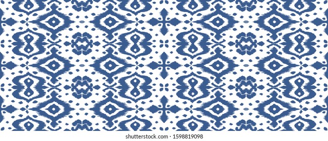 Lace border. Ikat seamless pattern. Vector tie dye shibori print with stripes and chevron. Ink textured japanese background. Ethnic fabric. Bohemian fashion. African creative. Damask rug. 
