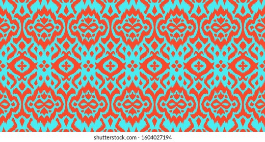 Lace border. Ikat seamless pattern. Vector tie dye shibori print with stripes and chevron. 