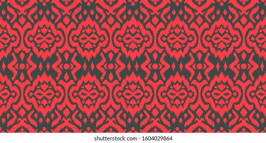 Lace border. Ikat seamless pattern. Vector tie dye shibori print with stripes and chevron. 