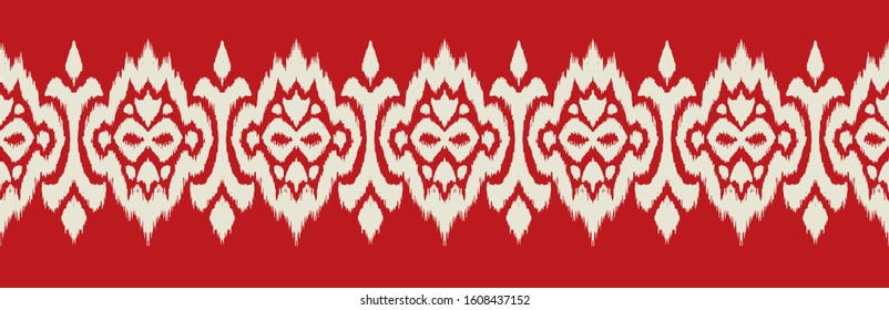Lace border. Ikat seamless pattern. Vector tie dye shibori print with stripes and chevron. Ink textured japanese background. Ethnic fabric. Bohemian fashion. African creative. Damask rug.