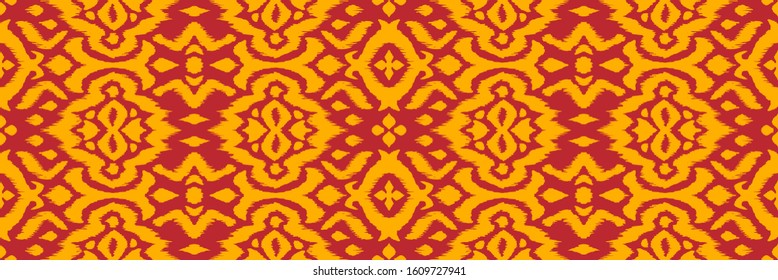 Lace border. Ikat seamless pattern. Vector tie dye shibori print with stripes and chevron. 