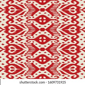 Lace border. Ikat seamless pattern. Vector tie dye shibori print with stripes and chevron. Ink textured japanese background. Ethnic fabric. Bohemian fashion. African creative. Damask rug.