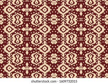 Lace border. Ikat seamless pattern. Vector tie dye shibori print with stripes and chevron. Ink textured japanese background. Ethnic fabric. Bohemian fashion. African creative. Damask rug. 