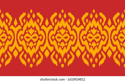 Lace border. Ikat seamless pattern. Vector tie dye shibori print with stripes and chevron. Ink textured japanese background. Ethnic fabric. Bohemian fashion. African creative. Damask rug.