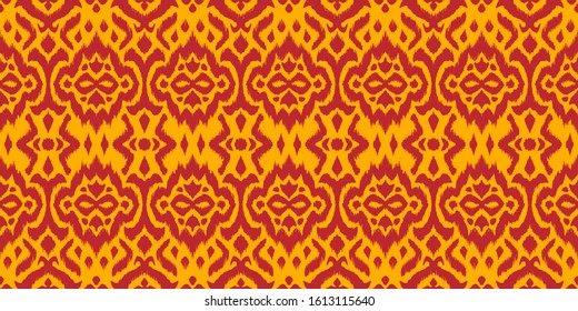 Lace border. Ikat seamless pattern. Vector tie dye shibori print with stripes and chevron. 