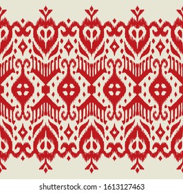 Lace border. Ikat seamless pattern. Vector tie dye shibori print with stripes and chevron. Ink textured japanese background. Ethnic fabric. Bohemian fashion. African creative. Damask rug.