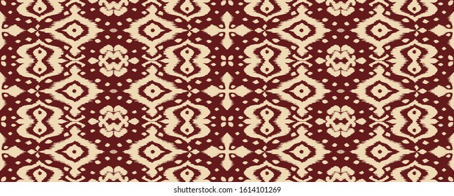 Lace border. Ikat seamless pattern. Vector tie dye shibori print with stripes and chevron. Ink textured japanese background. Ethnic fabric. Bohemian fashion. African creative. Damask rug. 