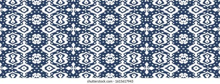 Lace border. Ikat seamless pattern. Vector tie dye shibori print with stripes and chevron. Ink textured japanese background. Ethnic fabric. Bohemian fashion. African creative. Damask rug. 