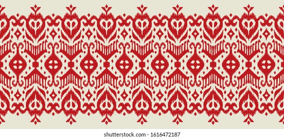 Lace border. Ikat seamless pattern. Vector tie dye shibori print with stripes and chevron. Ink textured japanese background. Ethnic fabric. Bohemian fashion. African creative. Damask rug.
