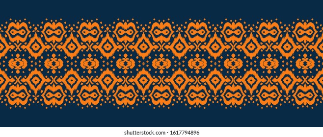 Lace border. Ikat seamless pattern. Vector tie dye shibori print with stripes and chevron. Ink textured japanese background. Ethnic fabric. Bohemian fashion. African creative. Damask rug. 