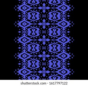 Lace border. Ikat seamless pattern. Vector tie dye shibori print with stripes and chevron. Ink textured japanese background. Ethnic fabric. Bohemian fashion. African creative. Damask rug. 