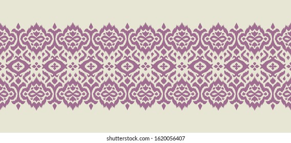 Lace border. Ikat seamless pattern. Vector tie dye shibori print with stripes and chevron. 