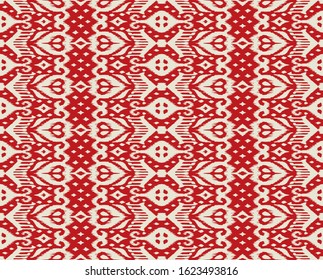 Lace border. Ikat seamless pattern. Vector tie dye shibori print with stripes and chevron. Ink textured japanese background. Ethnic fabric. Bohemian fashion. African creative. Damask rug.