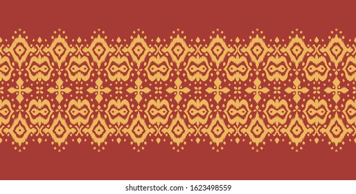 Lace border. Ikat seamless pattern. Vector tie dye shibori print with stripes and chevron. Ink textured japanese background. Ethnic fabric. Bohemian fashion. African creative. Damask rug. 