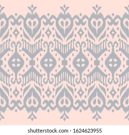 Lace border. Ikat seamless pattern. Vector tie dye shibori print with stripes and chevron. Ink textured japanese background. Ethnic fabric. Bohemian fashion. African creative. Damask rug.