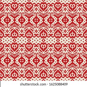 Lace border. Ikat seamless pattern. Vector tie dye shibori print with stripes and chevron. Ink textured japanese background. Ethnic fabric. Bohemian fashion. African creative. Damask rug.