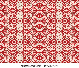 Lace border. Ikat seamless pattern. Vector tie dye shibori print with stripes and chevron. Ink textured japanese background. Ethnic fabric. Bohemian fashion. African creative. Damask rug.