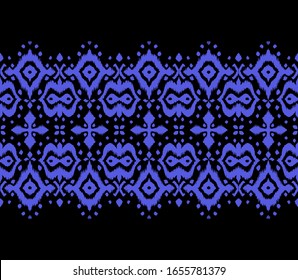 Lace border. Ikat seamless pattern. Vector tie dye shibori print with stripes and chevron. Ink textured japanese background. Ethnic fabric. Bohemian fashion. African creative. Damask rug. 