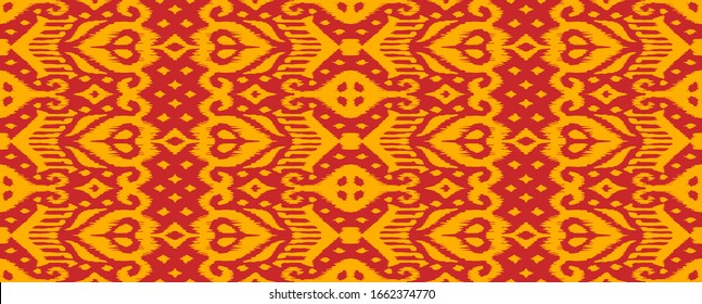 Lace border. Ikat seamless pattern. Vector tie dye shibori print with stripes and chevron. Ink textured japanese background. Ethnic fabric. Bohemian fashion. African creative. Damask rug.