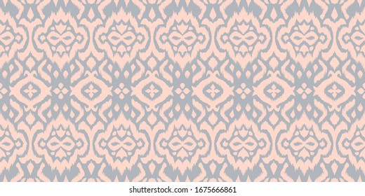Lace border. Ikat seamless pattern. Vector tie dye shibori print with stripes and chevron. 
