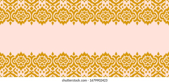 Lace border. Ikat seamless pattern. Vector tie dye shibori print with stripes and chevron. 