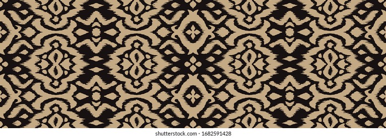 Lace border. Ikat seamless pattern. Vector tie dye shibori print with stripes and chevron. 