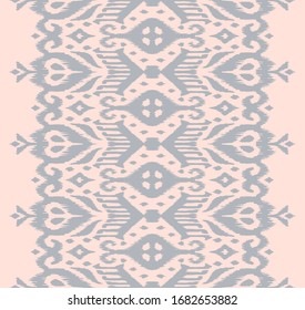 Lace border. Ikat seamless pattern. Vector tie dye shibori print with stripes and chevron. Ink textured japanese background. Ethnic fabric. Bohemian fashion. African creative. Damask rug.