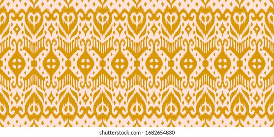 Lace border. Ikat seamless pattern. Vector tie dye shibori print with stripes and chevron. Ink textured japanese background. Ethnic fabric. Bohemian fashion. African creative. Damask rug.