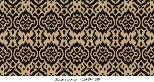 Lace border. Ikat seamless pattern. Vector tie dye shibori print with stripes and chevron. 