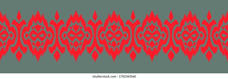 Lace border. Ikat seamless pattern. Vector tie dye shibori print with stripes and chevron. Ink textured japanese background. Ethnic fabric. Bohemian fashion. African creative. Damask rug.