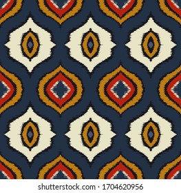 Lace border. Ikat seamless pattern. Vector tie dye shibori print with stripes and chevron. Ink textured japanese background. Ethnic fabric. Bohemian fashion. African creative. Damask rug. 