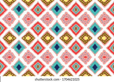 Lace border. Ikat seamless pattern. Vector tie dye shibori print with stripes and chevron. Ink textured japanese background. Ethnic fabric. Bohemian fashion. African creative. Damask rug. 