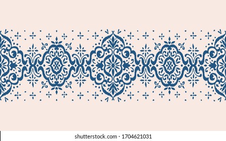 Lace border. Ikat seamless pattern. Vector tie dye shibori print with stripes and chevron. Ink textured japanese background. Ethnic fabric. Bohemian fashion. African creative. Damask rug. 