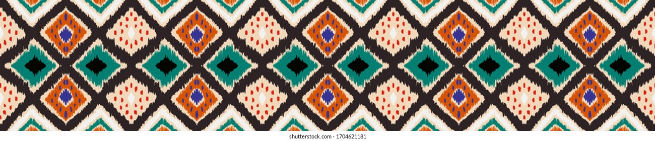 Lace border. Ikat seamless pattern. Vector tie dye shibori print with stripes and chevron. Ink textured japanese background. Ethnic fabric. Bohemian fashion. African creative. Damask rug. 