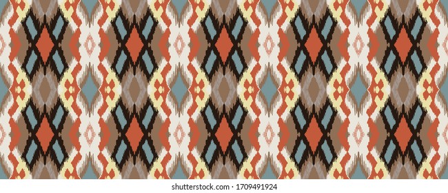 Lace border. Ikat seamless pattern. Vector tie dye shibori print with stripes and chevron. Ink textured japanese background. Ethnic fabric. Bohemian fashion. African creative. Damask rug.