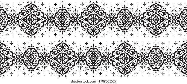 Lace border. Ikat seamless pattern. Vector tie dye shibori print with stripes and chevron. Ink textured japanese background. Ethnic fabric. Bohemian fashion. African creative. Damask rug.