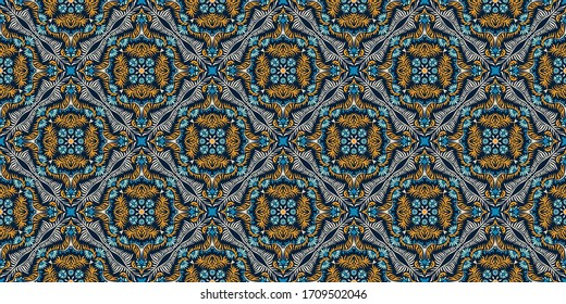 Lace border. Ikat seamless pattern. Vector tie dye shibori print with stripes and chevron. Ink textured japanese background. Ethnic fabric. Bohemian fashion. African creative. Damask rug.