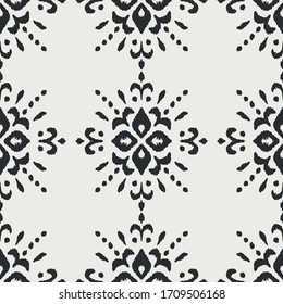 Lace border. Ikat seamless pattern. Vector tie dye shibori print with stripes and chevron. Ink textured japanese background. Ethnic fabric. Bohemian fashion. African creative. Damask rug.