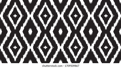 Lace border. Ikat seamless pattern. Vector tie dye shibori print with stripes and chevron. Ink textured japanese background. Ethnic fabric. Bohemian fashion. African creative. Damask rug.