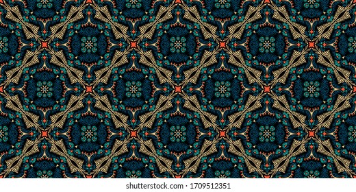Lace border. Ikat seamless pattern. Vector tie dye shibori print with stripes and chevron. Ink textured japanese background. Ethnic fabric. Bohemian fashion. African creative. Damask rug.