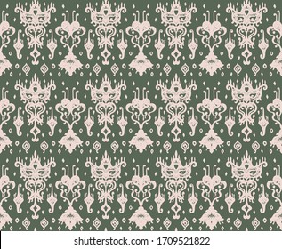 Lace border. Ikat seamless pattern. Vector tie dye shibori print with stripes and chevron. Ink textured japanese background. Ethnic fabric. Bohemian fashion. African creative. Damask rug.