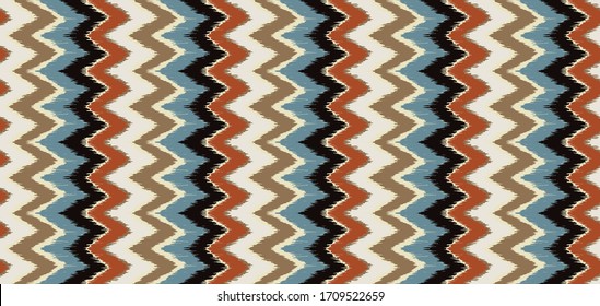 Lace border. Ikat seamless pattern. Vector tie dye shibori print with stripes and chevron. Ink textured japanese background. Ethnic fabric. Bohemian fashion. African creative. Damask rug.