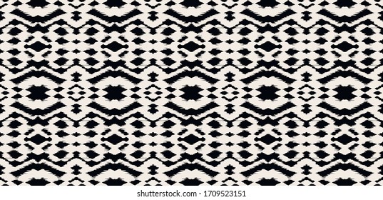 Lace border. Ikat seamless pattern. Vector tie dye shibori print with stripes and chevron. Ink textured japanese background. Ethnic fabric. Bohemian fashion. African creative. Damask rug.