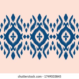 Lace border. Ikat seamless pattern. Vector tie dye shibori print with stripes and chevron. Ink textured japanese background. Ethnic fabric. Bohemian fashion. African creative. Damask rug.
