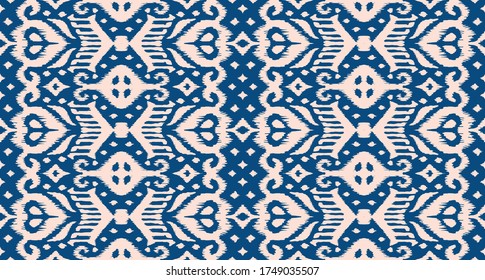 Lace border. Ikat seamless pattern. Vector tie dye shibori print with stripes and chevron. Ink textured japanese background. Ethnic fabric. Bohemian fashion. African creative. Damask rug.