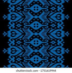 Lace border. Ikat seamless pattern. Vector tie dye shibori print with stripes and chevron. Ink textured japanese background. Ethnic fabric. Bohemian fashion. African creative. Damask rug.