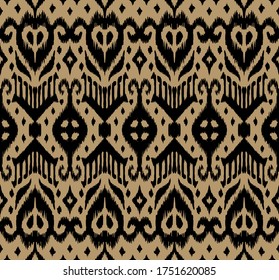 Lace border. Ikat seamless pattern. Vector tie dye shibori print with stripes and chevron. Ink textured japanese background. Ethnic fabric. Bohemian fashion. African creative. Damask rug.
