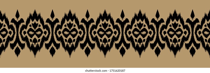 Lace border. Ikat seamless pattern. Vector tie dye shibori print with stripes and chevron. Ink textured japanese background. Ethnic fabric. Bohemian fashion. African creative. Damask rug.