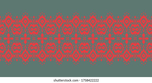 Spitzengrenze. Ikat nahtloses Muster. Vektorbinde Farbe Shibori Druck mit Streifen und Chevron. Tintenfisch strukturierter japanischer Hintergrund. Ethnische Struktur. Böhmische Mode. Afrikanisch kreativ. Damast Teppich. 